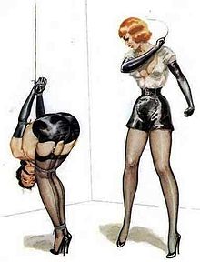 Illustration by John Willie showing a sadomasochistic scene between two women Femdom Strappado.jpg