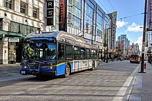 Trolley buses in Vancouver Flyer trolleybuses on the Granville Mall in 2019.jpg