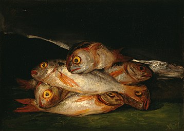 Ribe in alegorične aluzije - na Vojne katastrofe. Tihožitje z orado, Francisco Goya; 1808, 45 × 63 cm, Muzej lepih umetnosti, Houston.