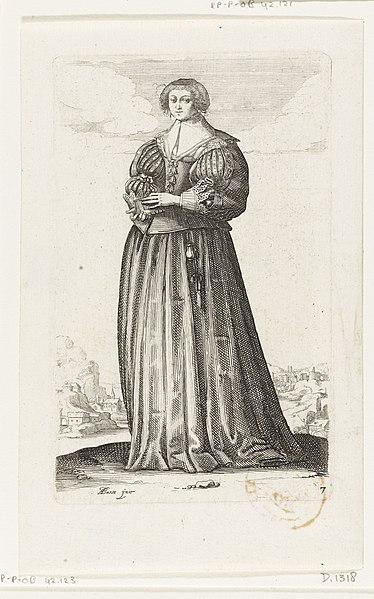 File:Franse edelvrouw met boek in de hand, gekleed volgens de mode van ca. 1630 Le Jardin de la Noblesse Françoise (serietitel) Kostuums van de Franse adel (serietitel), RP-P-OB-42.123.jpg