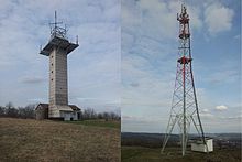 Links der Fernmeldeturm aus Holz, rechts der Stahlfachwerkturm