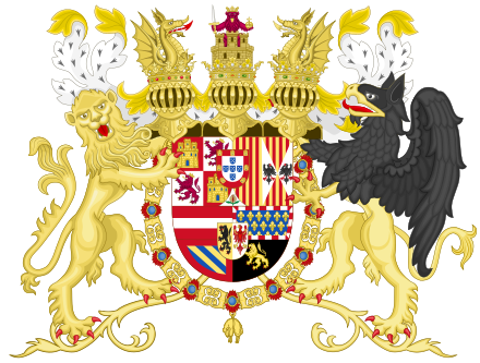 Coat of arms of Philip II and I of Spain and Portugal, inserting the coat of arms of Portugal over those of Castile and León and Aragon