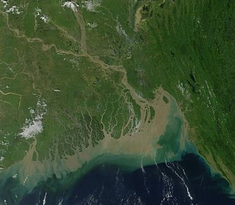 Vista general del delta del Ganges. La seva morfologia està controlada per la força de les marees