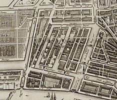 Detail of 1737 map, looking south. In the center a square of canals with Uilenburgergracht running across it. Clockwise from left, Markengracht (SE), Houtkopersburgwal (SW), Monkelbaansburgwal (Oudeschans) (NW), Rapenburgwal (NE).