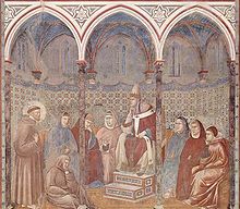 Saint Francis preaches in the presence of Honorius III: fresco by Giotto in the Basilica of Saint Francis of Assisi (c. 1296-98) Giotto di Bondone 073.jpg