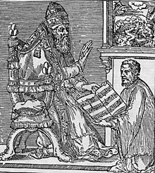 Gravure représentant Giovanni Pierluigi à genoux présentant un livre ouvert au pape, assis sur son trône et le bénissant de sa main.