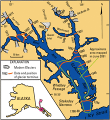 Map of Glacier Bay. Red lines show glacial terminus positions and dates during retreat of the Little Ice Age glacier. Glacierbaymap.gif