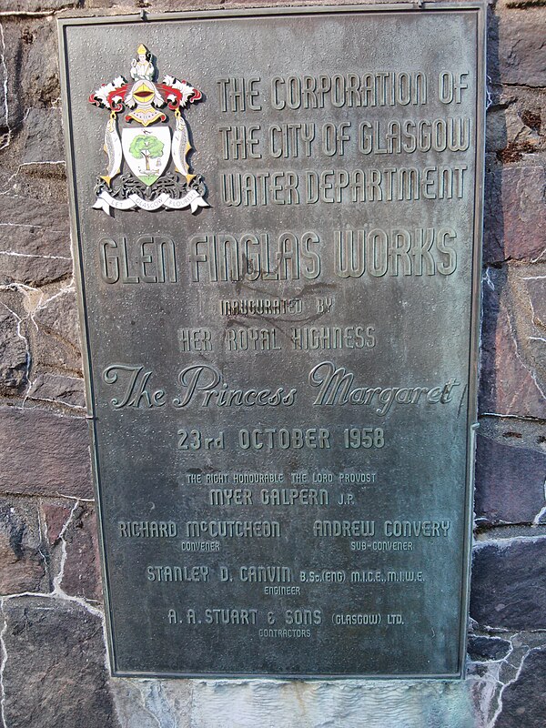 Plaque commemorating the Glen Finglas expansion of Loch Katrine waterworks, completed in 1958