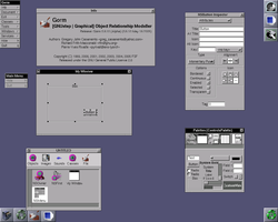 Gorm in Window Maker (FreeBSD üzerinde), ana pencereleri ve denetçiyi gösterir. Düzenlenen menüyü ve pencereyi not edin.