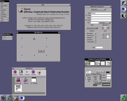 Gorm in Window Maker (unter FreeBSD) mit den Hauptfenstern und dem Inspektor. Beachten Sie das Menü und das Fenster, die bearbeitet werden.