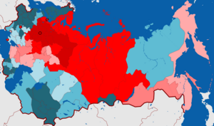 Speakers of "Great Russian" in the Russian Empire by region according to the 1897 Imperial Russian Census. Governorate of Courland and Governorate of Livonia are in the upper left corner.
.mw-parser-output .legend{page-break-inside:avoid;break-inside:avoid-column}.mw-parser-output .legend-color{display:inline-block;min-width:1.25em;height:1.25em;line-height:1.25;margin:1px 0;text-align:center;border:1px solid black;background-color:transparent;color:black}.mw-parser-output .legend-text{}
>90%
70--89%
50--69%
30--49%
15--29%
5--14%
<5% Great Russians in Russian Empire by region 1897.png