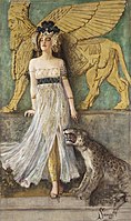 Babil'in efsanevi kraliçesi Semiramide, Tortona'dan Cesare Saccaggi'nin 1905 tarihli oryantalist ve sembolist zevki eseri. Semiramis her zaman, bu büyük resimde kraliçe tarafından evcilleştirilen vahşi kedinin çeneleriyle temsil edilen şehvet günahının kişileştirilmesi olarak düşünülmüştür.