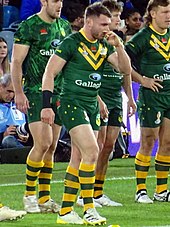 Crichton warming up for the Kangaroos at the 2021 RLWC Gus Crichton.jpg