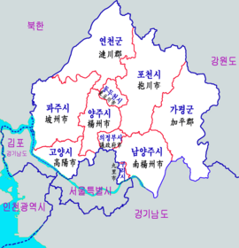 京畿道が南北に分割された場合、設置される京畿北道と京畿南道の地図
