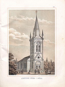 Hököpinge kirke på farvelitografi 1874