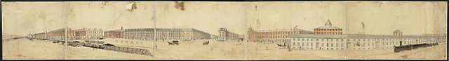 360 degree view of Haymarket Square painted in about 1895, that "purports to show the area in 1835." It shows Haymarket Square connected to Boston Har