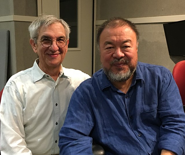 Jon Wiener with Chinese dissent artist Ai Wei Wei at KPFK, 2017