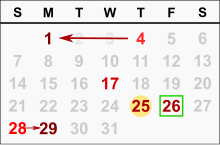 Moved observances as per the holiday economics policy:
.mw-parser-output .legend{page-break-inside:avoid;break-inside:avoid-column}.mw-parser-output .legend-color{display:inline-block;min-width:1.25em;height:1.25em;line-height:1.25;margin:1px 0;text-align:center;border:1px solid black;background-color:transparent;color:black}.mw-parser-output .legend-text{}
17th day (Wednesday) - "unmovable"/fixed holiday
4th day (Thursday) - 1st day (Nearest Monday)
28th (Sunday) - 29th (Nearest Monday )
26th day (Friday) - holiday date vary per year regardless of law (green outline box)
25th day (Friday) - movable holiday but observance not moved as per prerogative (yellow circle background) Holiday economics - one month.svg