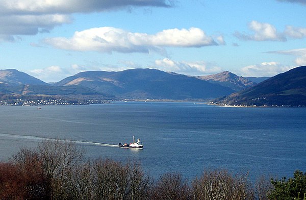 The Holy Loch seen across the Firth of Clyde from Tower Hill, Gourock, with Hunters Quay on the left and Strone to the right