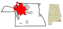 右: アラバマ州におけるヒューストン郡の位置 左: ヒューストン郡におけるドーサンの市域の位置図