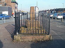 The ancient remains of the village cross Hunts Cross village cross pedestal 28 February 2013 (2).jpg