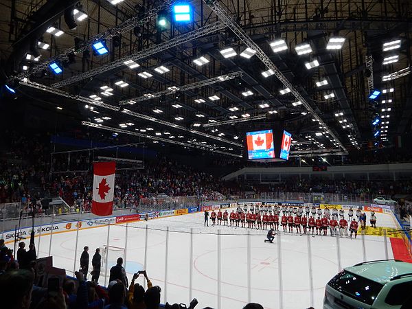 Team Canada wins the first match in Saint Petersburg against the United States IIHF16WC - Canadian anthem after the opening Saint Petersburg match USA v CAN.JPG