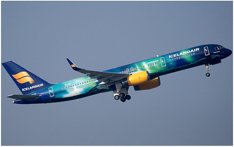 File:Icelandair (Aurora Borealis livery) Boeing 757-256 (TF-FIU) taking off from Manchester Airport.jpg