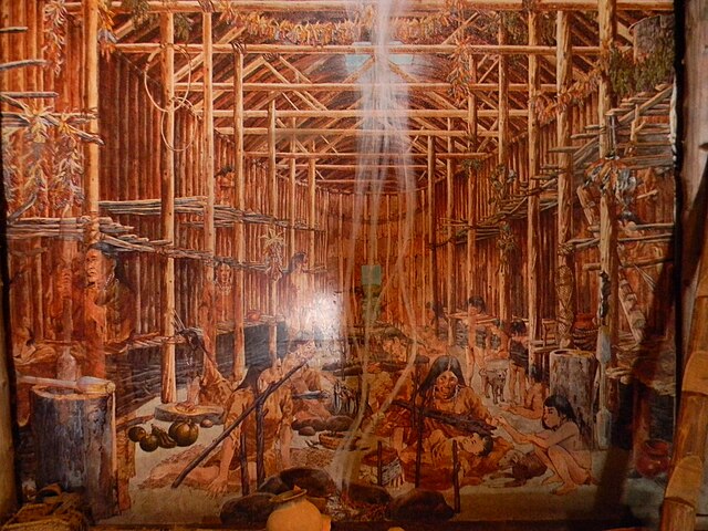 An artists conception of the interior of an Iroquoian longhouse.