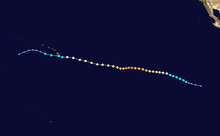 A track map of the path of a hurricane over the Eastern and Central Pacific Ocean