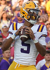 Jayden Daniels was drafted 2nd overall by the Washington Commanders in 2024. Jayden Daniels LSU v Arkansas (cropped).jpg