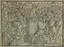 John Badby burned in a barrel, 1410 John Badby death barrel Foxe.jpg
