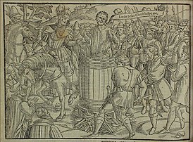 Сожжение Джона Бэдби в бочке (из «Книги мучеников» Джона Фокса (1563))