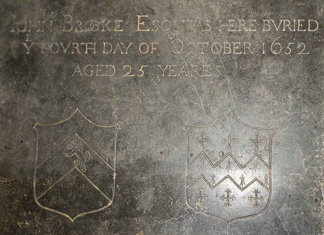 Memorial inscription for John Brooke, 1652, with Brooke and Barnardiston arms