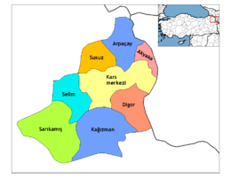 Mapa dos distritos da província de Kars