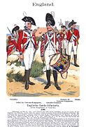 1790年。手前に擲弾兵中隊のドラム手と一般中隊の兵士、左に一般中隊の兵士、そして右奥に将校と下士官。