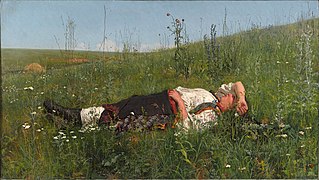 “De vacaciones (Pequeña mujer rusa descansando sobre la hierba)”, (1879-1881), óleo sobre lienzo Galería Estatal Tretyakov