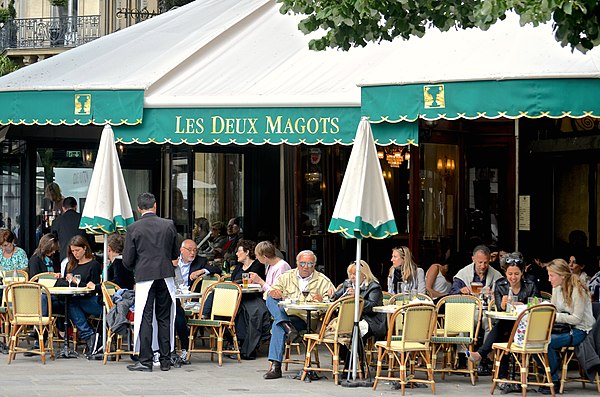 Terrace of café Les Deux Magots, opened in 1885 on Boulevard Saint-Germain