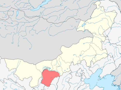Location of Ordos City jurisdiction in Inner Mongolia (orange)