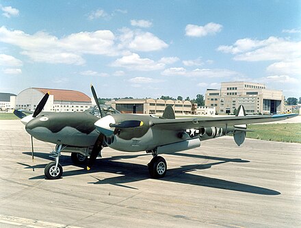 Lockheed P-38L Lightning at the National Museum of the United States Air Force, marked as a P-38J of the 55th Fighter Squadron, based in England[160]