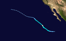 A track map of the path of a hurricane over the Eastern Pacific Ocean