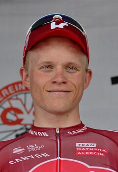 Mads Wurtz Schmidt, two time UCI Road World Champion (2011 junior time trial and 2015 under-23 time trial.) Mads Wurtz Schmidt, Rund um Koln 2017.jpg