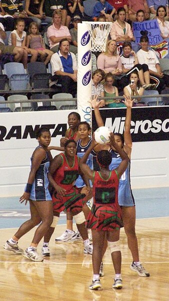Malawi (red) playing Fiji (blue) at the 2006 Commonwealth Games