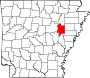 Harta statului Arkansas indicând comitatul Woodruff