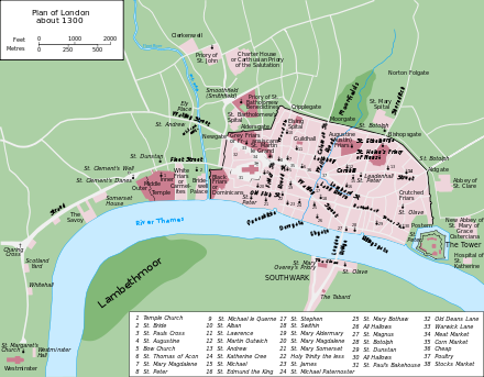 Map of London around 1300 AD, showing Watling Street running north-west from London Bridge past Newgate