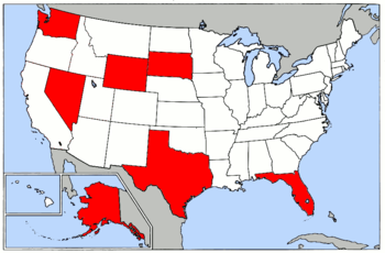 Map of USA highlighting states with no income tax