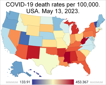 Map of cumulative COVID-19 death rates by U.S. state Map of cumulative COVID-19 death rates by US state.png