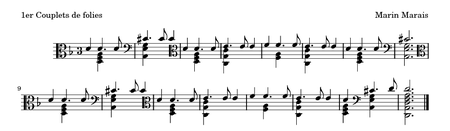 Viol part of Premiers couplets (sic) des Folies d'Espagne from the Marin Marais' deuxième livre de pièces de viole for viola da gamba and figured bass (Source: Wikimedia)