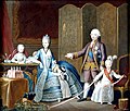 Erkehertuginne Maria Amalia og mannen hertug Ferdinand av Parma og deres eldste barn Ludvig, Carolina Maria og Maria Antonia Josepha 1776. Det yngste barnet har karakteristisk fallkrans.
