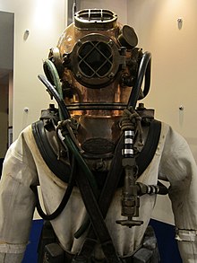 Mark V dive suit in the Naval History and Heritage Command at the Washington Navy Yard, Washington D.C. Mark V dive suit closeup.jpg