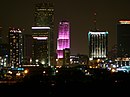 Miami Tower lighted pink for Valentine's Day in 2007, 1987 by I. M. Pei and Harold Fredenburgh, Pei Cobb Reed & Partners; lighting design Douglas Leigh